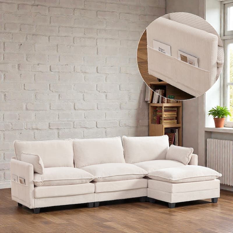 Oversized Modular Sectional Sofa with Ottoman, 102 Inch 4 Seat Corduroy L Shaped Couch for Living Room