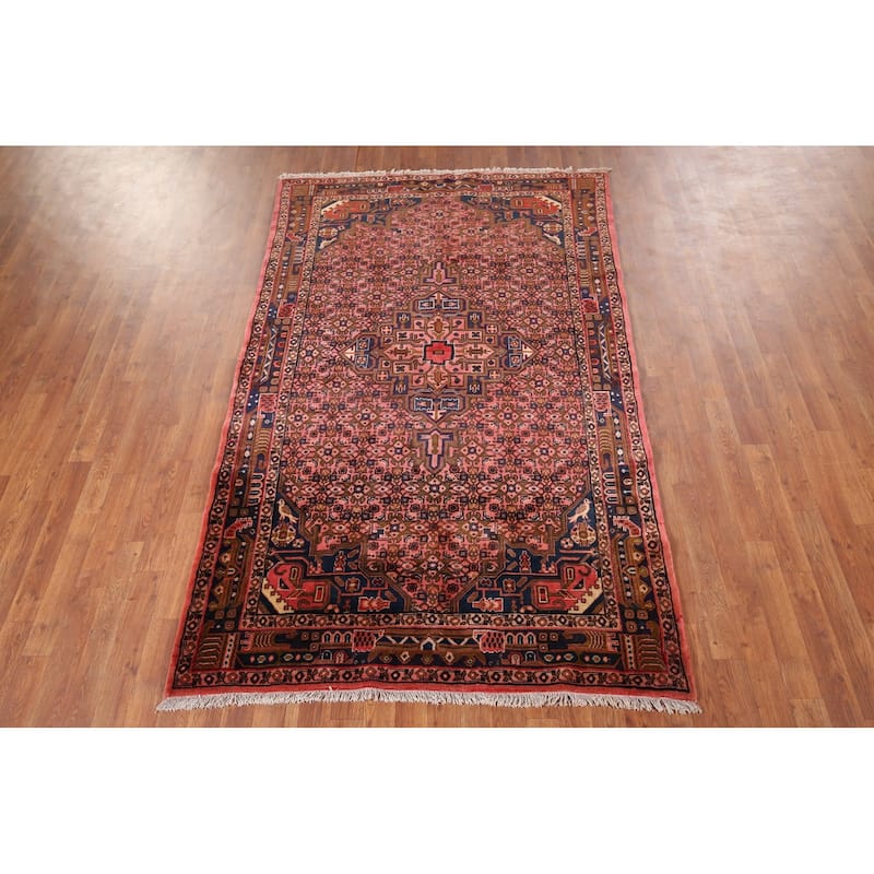 Pink Geometric Zanjan Vintage Persian Rug Hand-Knotted Wool Carpet - 4'9" x 7'7"