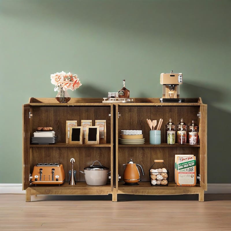 57" Kitchen Storage Cabinet with Vintage Shutter Doors and Adjustable Shelves Solid Wood Legs - 57" L x 13.8" W x 33.4" H