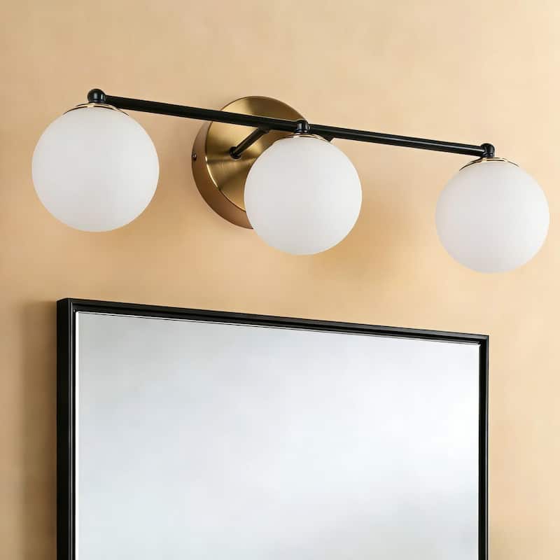 Modern 3-Light LED Bathroom Vanity Light in Black Brass with Frosted Glass Globe Shades