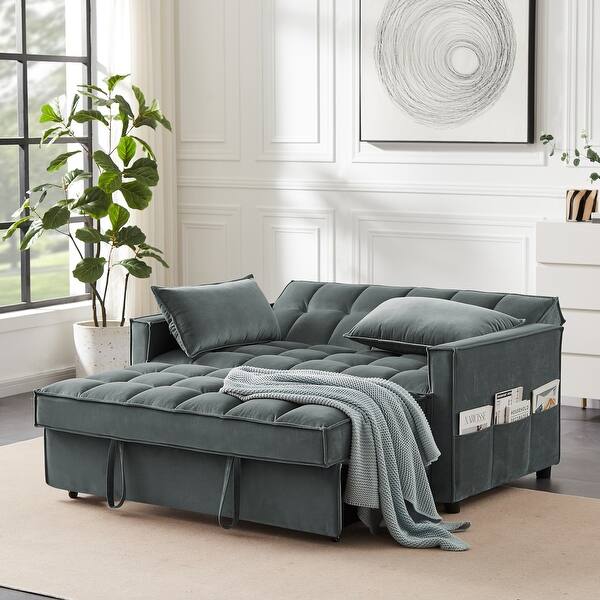 slide 2 of 20, Loveseat Couches Chair Velvet Upholstered Sofa with Pull out Multifunctional Sofa Bed and Adjustable Backrest, Plastic Feet