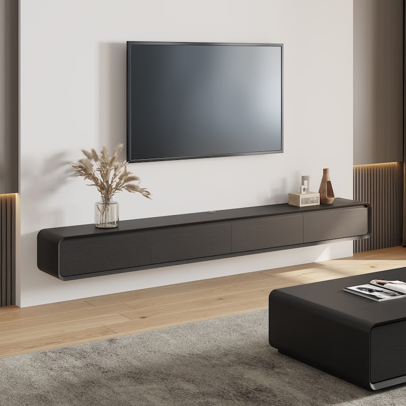 Floating Modern TV Stand for Living Room, Wall-Mounted Entertainment Center with Storage Drawers, Solid Wood, Fully-Assembled - 98.48"-4 Drawers - Black