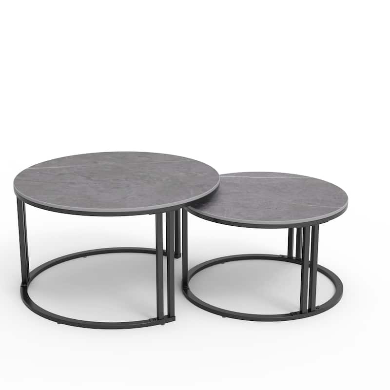 2X Round Nested Coffee Table Sintered Stone Top Metal Tables - 27”x16”