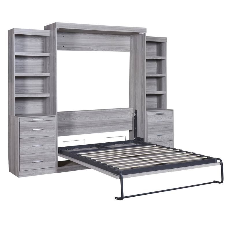 Gray Full Size Wooden Wall Murphy Bed with 2 Side Cabinets