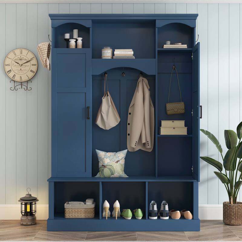 Modern Hall Tree with Adjustable Shelves Dual Cabinets Bench Entryway Organizer