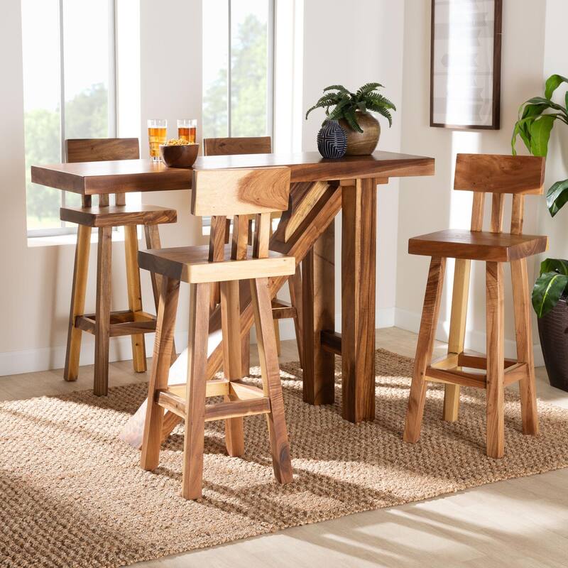 Luli 5-Piece Suar Wood Bar Table Set - Modern Bar-Height with Sculptural Table, Handcrafted Natural Wood Furniture for Kitchen