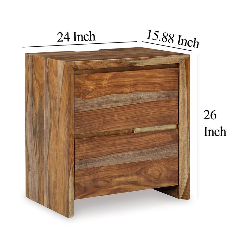 Donni Nightstand with 2 Drawer, Brown Sheesham Wood Finish, 24 Inch