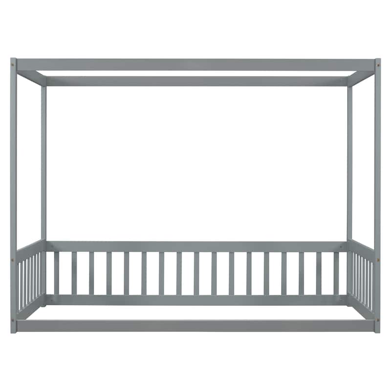 Canopy Frame Floor Bed with Fence and Guardrails