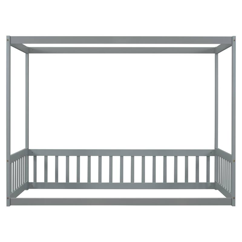 Twin Size Canopy Frame Floor Bed with Fence