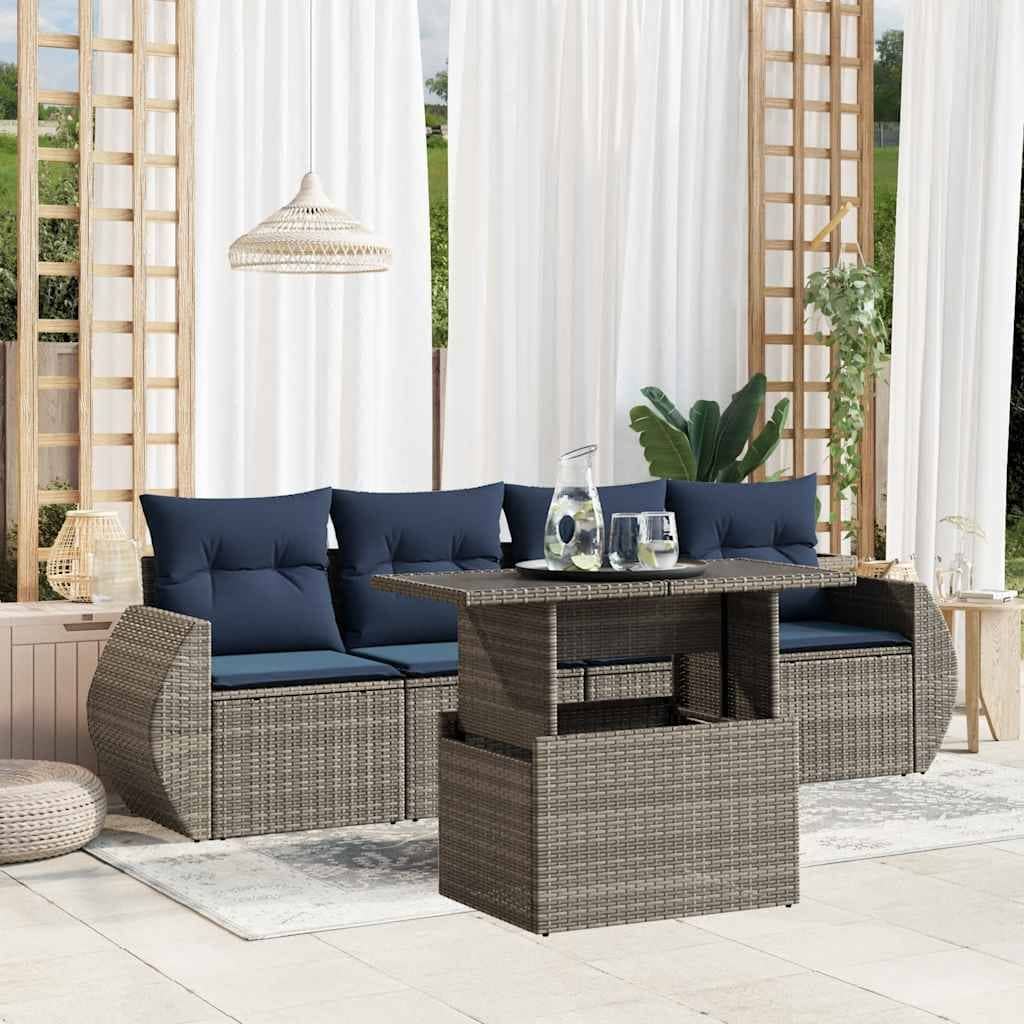 vidaXL Patio Sofa Set with Cushions and Table Outdoor 5 Piece Poly Rattan - 21.7 x 24.4 x 27.2