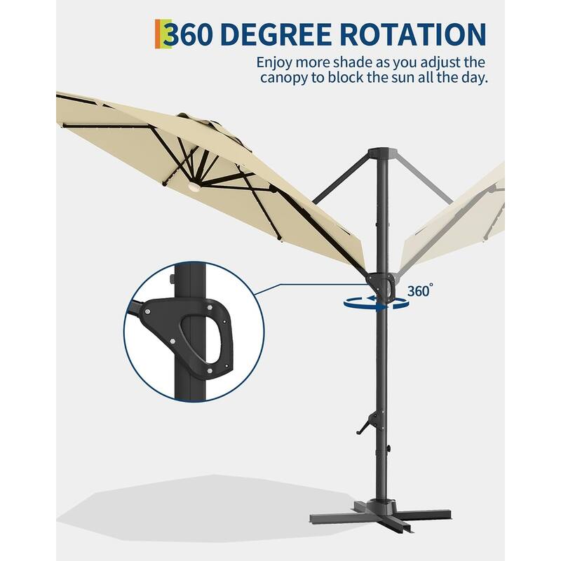 10FT Cantilever Patio Umbrella with Solar Lights, 360° Rotation Offset Umbrella