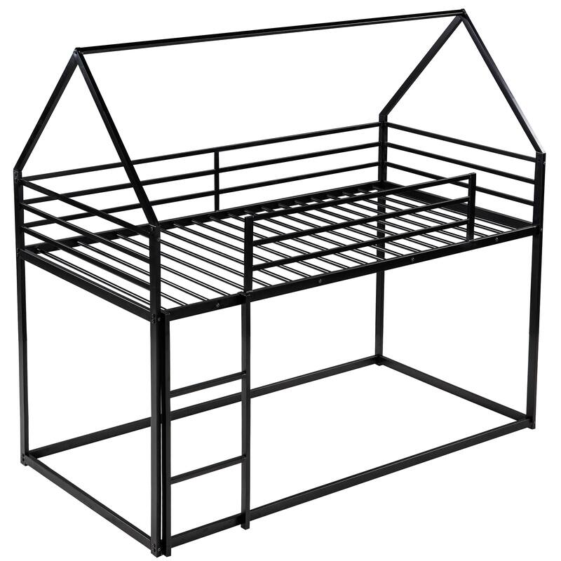 Twin Size Metal House Bunk Bed with Built-in Ladder, Black - Space-Saving Kids Bedroom Furniture