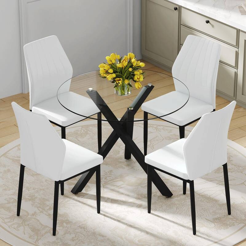Table and chair set.Modern glass round table: X-shaped black metal bracket. Paired with 4 Dining Chairs