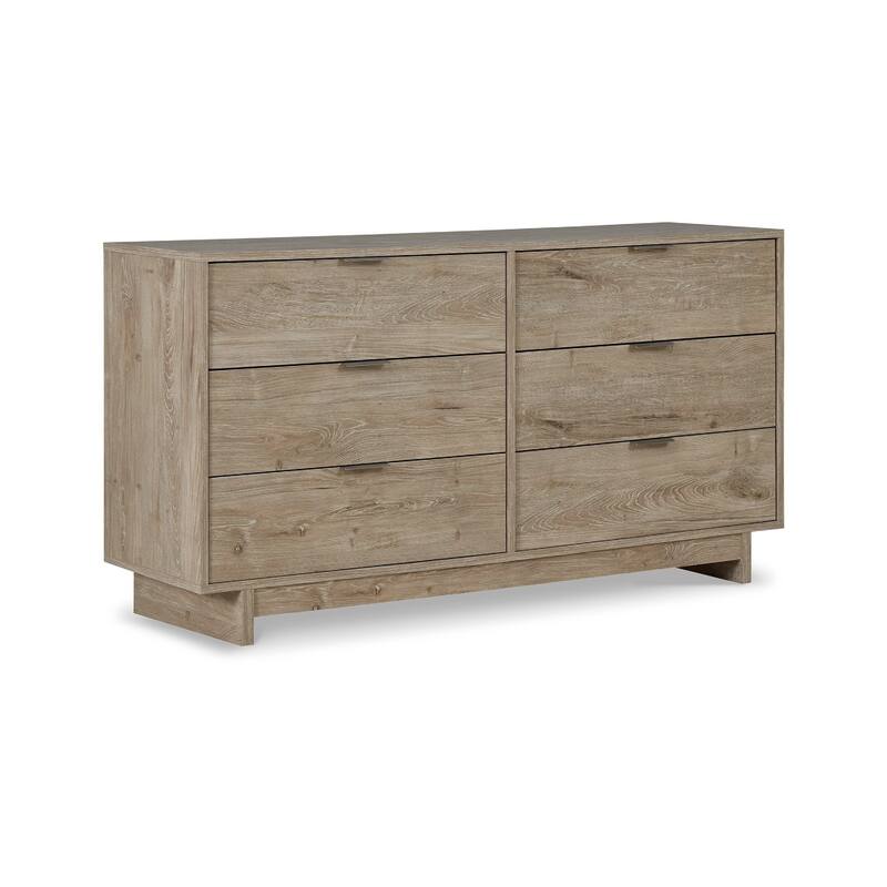 Fervor 59 Inch Dresser, 6 Drawers, Brown Wood Frame, Brushed Nickel Handles