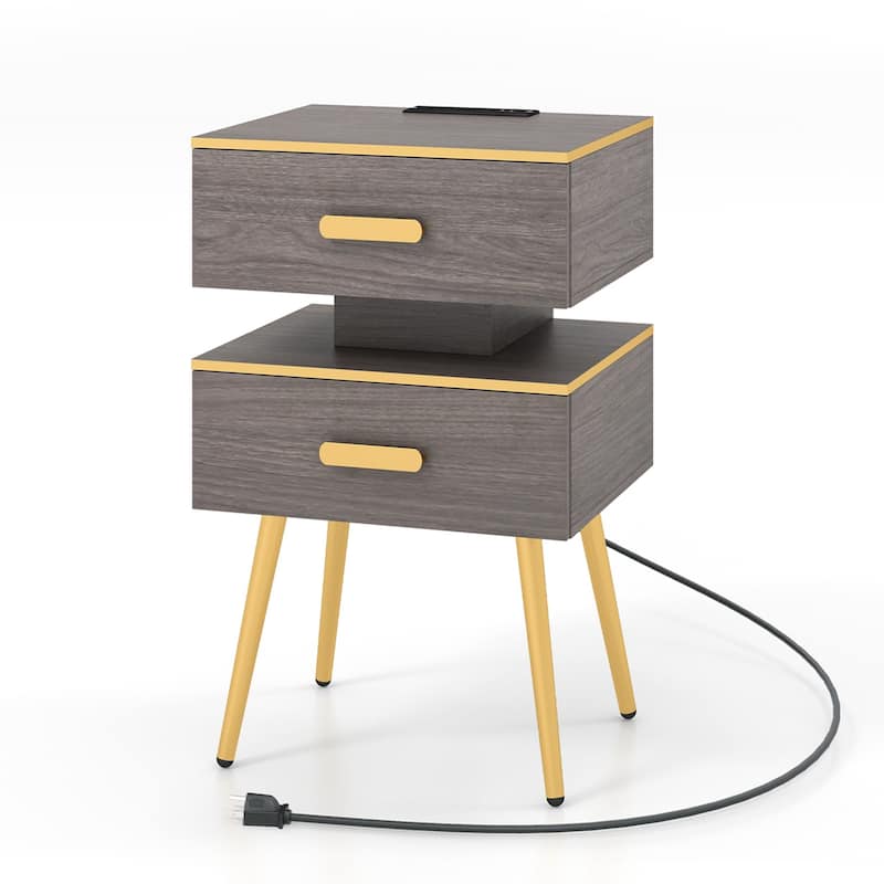 Costway 1/2 PCS Nightstand with Charging Station Bedside Sofa Side