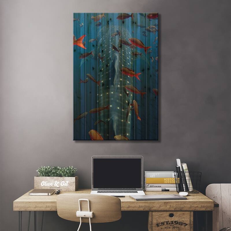 Whale Shark Swimming With Other Tropical Fish, Wolf Island, Galapagos Islands, Ecuador Print On Wood by Pete Oxford