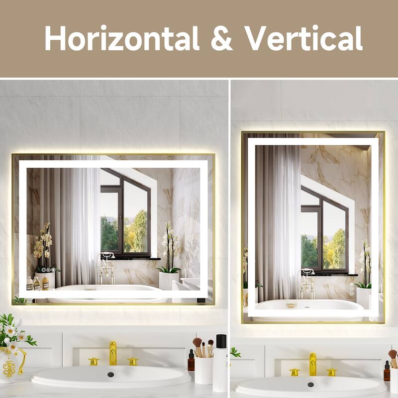 Modern Gold LED Bathroom Mirror with Dual Light Strips and Anti-Fog Dimmable for Horizontal or Vertical - 24” x 32” x 0.16”