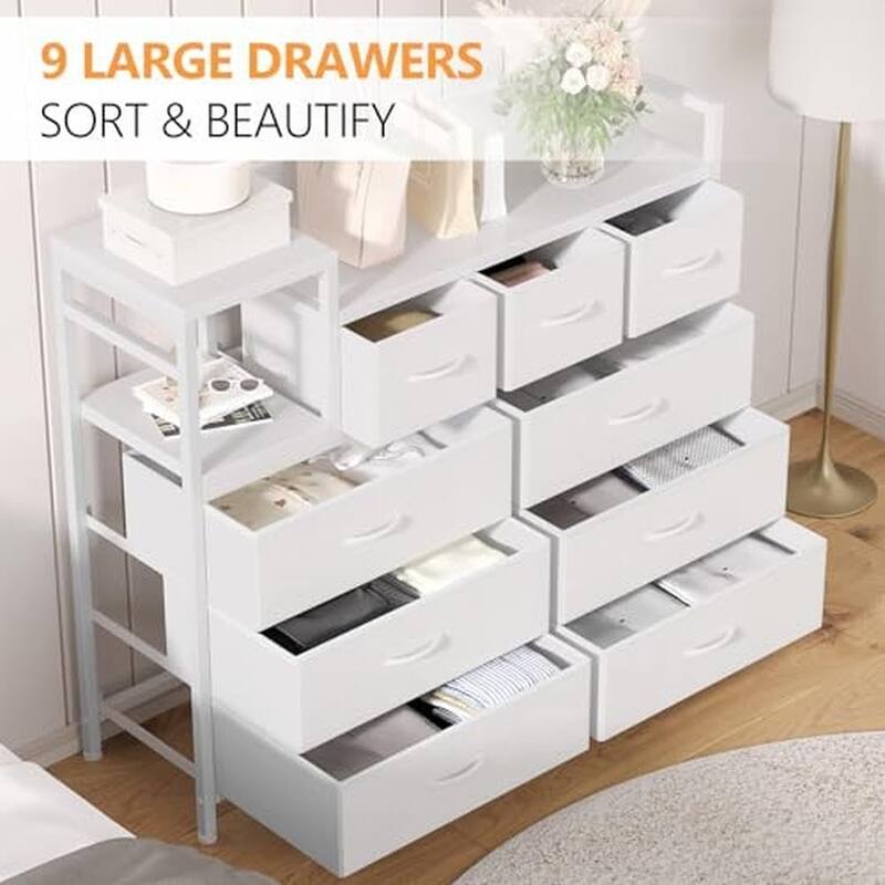 Bedroom Dresser with 9 Drawers Tv Stand with Charging Stand Modern Fabric Chest of Drawers