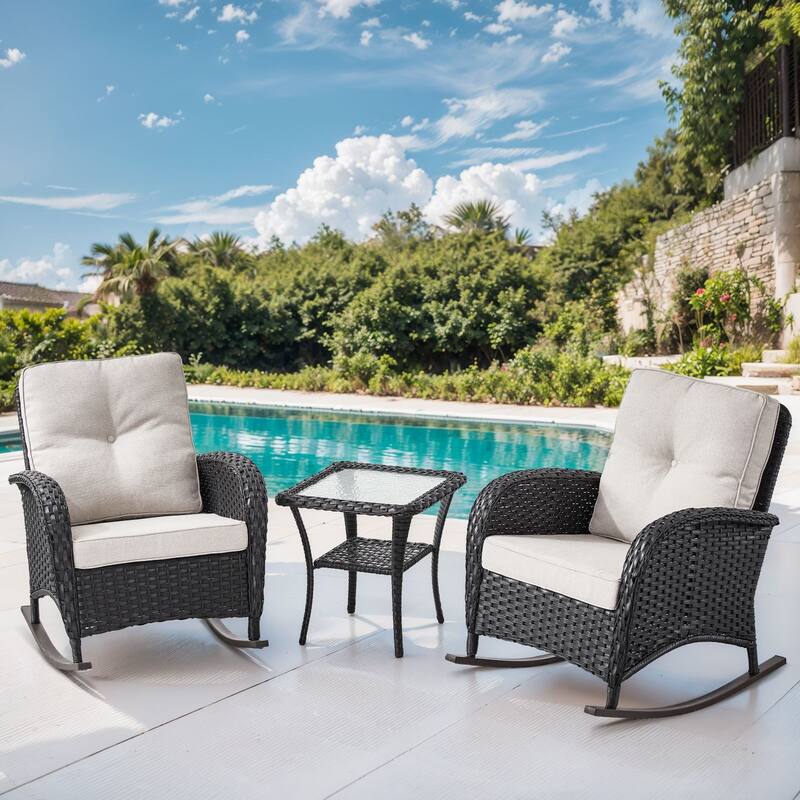 PlainCurve 3-Piece Wicker Outdoor Patio Conversation Set with Rocking Chairs and Olefin Cushions - Beige Cushions - Black Wicker