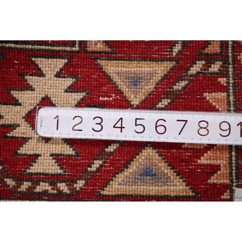 All-Over Red Geometric Kazak Area Rug Handmade Wool Carpet - 6'5" x 9'9"