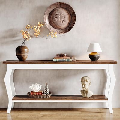 70.9" White & Brown Vintage French Console Table, Extra Long Sofa Table with 2 Shelves for Hallway or Living Room