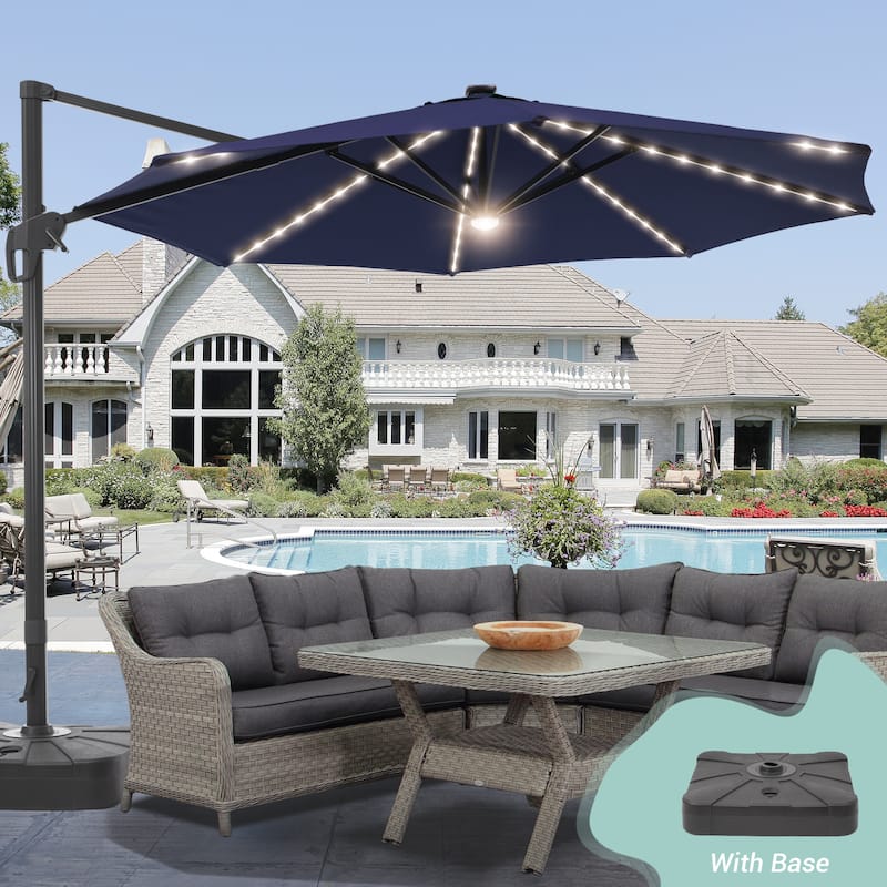 LIVOOSUN 11Ft Aluminum LED Patio Cantilever Offset Umbrella With Base - Navy Blue