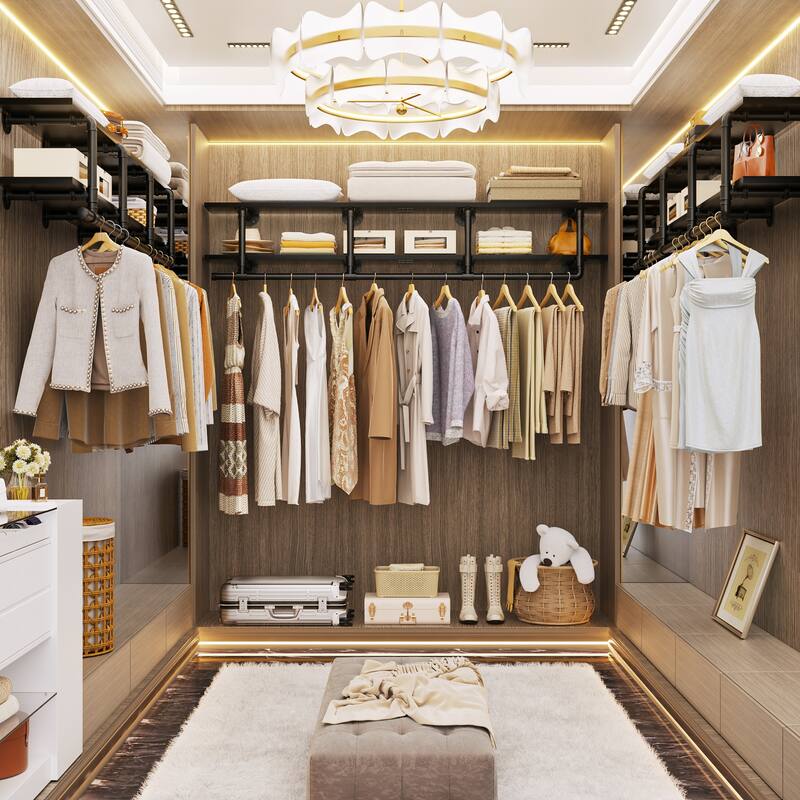 Floating Pipe Heavy-Duty Garment Rack, Wall-Mounted Closet Organizer with Storage Shelves