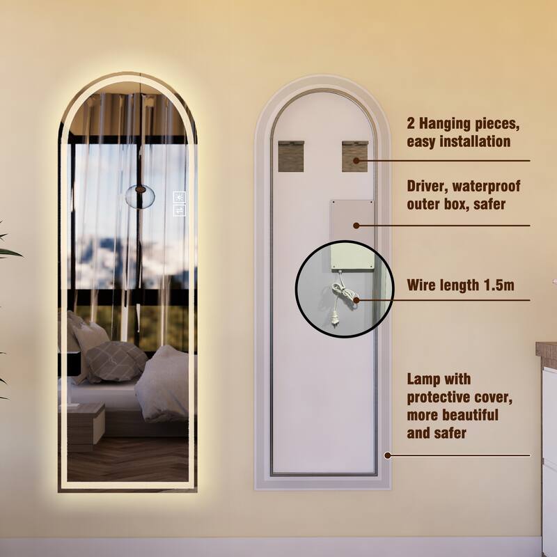 65" x 21" Arch Design LED Full Length Mirror ,Dimmable, High Definition & Explosion-Proof, Full-Length Standing or Wall-Mounted