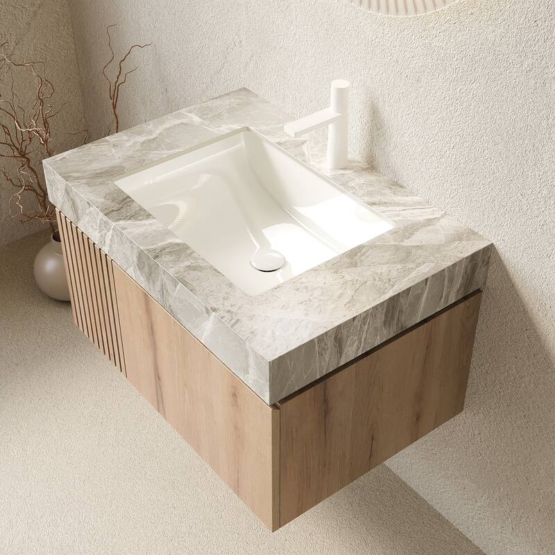 30"/36"/48" Wall-Mounted Bathroom Vanity with Ceramic Sink, Sintered Stone Countertop Floating Bathroom Storage Cabinet