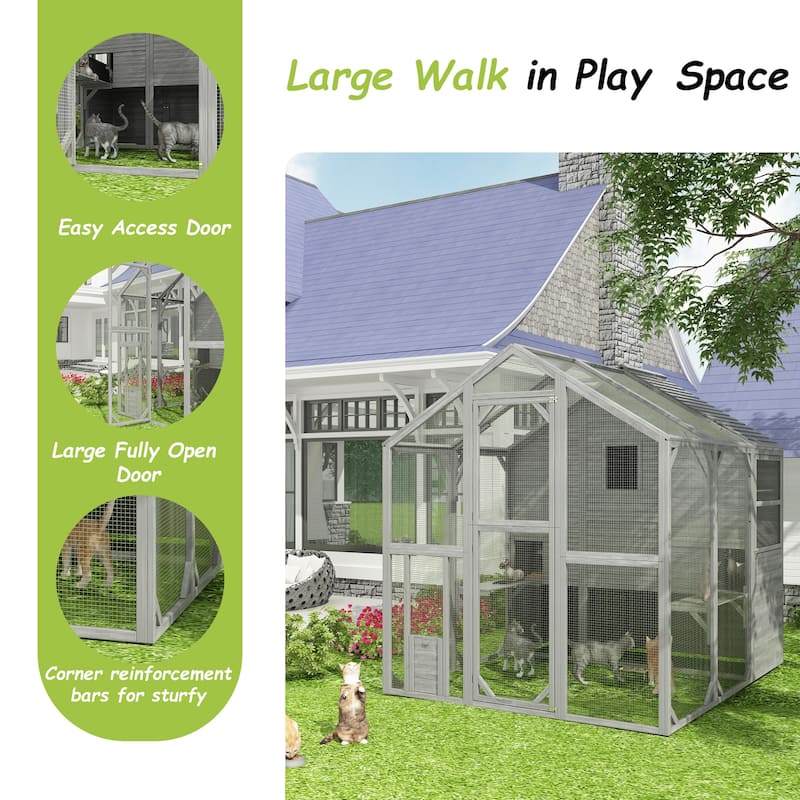 Large Outdoor Wooden Chicken Coop & Cat Enclosure with Run, 2 Colors Pet Cage