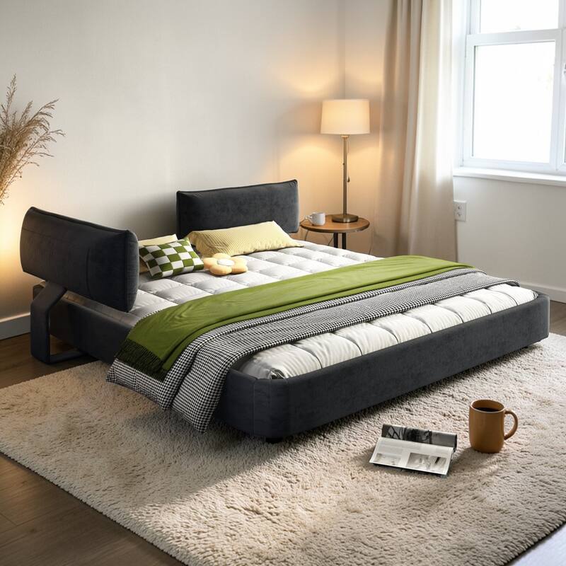 King Size Cloud Bed Frame with Oversized Movable Headboard, Chenille Upholstered Platform Bed with Metal & Wood Support