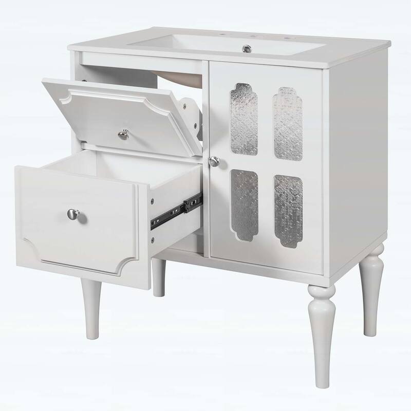 Freestanding Single Vanity with Ceramic Sink,with 2 Drawers and Storage Cabinet - White