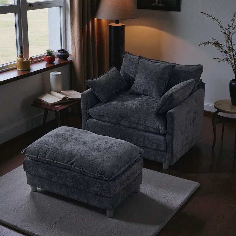 Modern Chenille Accent Chair with Ottoman, Oversized Upholstered Armchair for Living Room & Bedroom Reading
