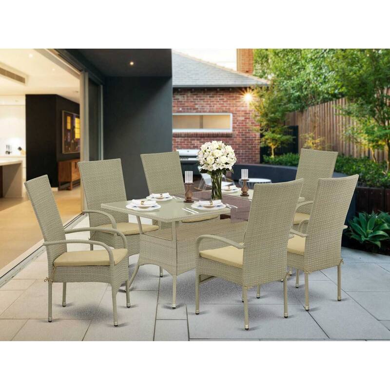HomeStock 7-Piece Natural Oak Finish Solid Wood Top Dining Table with 6 Chairs with Lattice Back