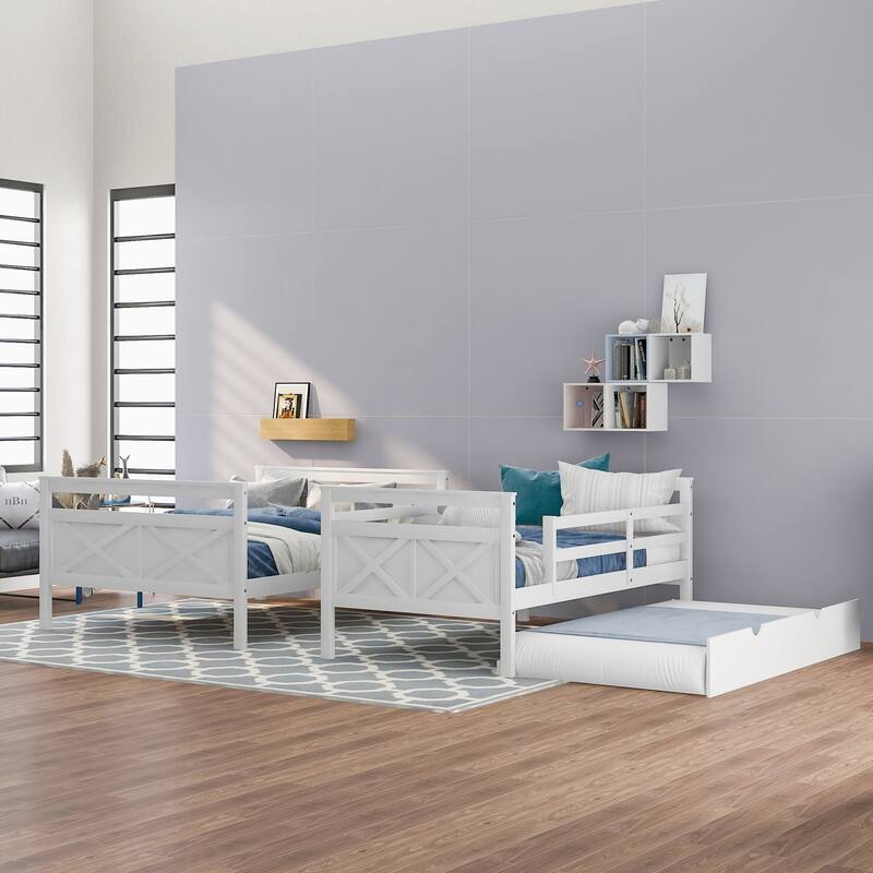 Twin over Full Bunk Bed with Ladder, Twin Size Trundle, Safety Guardrail with Headboard & Footboard