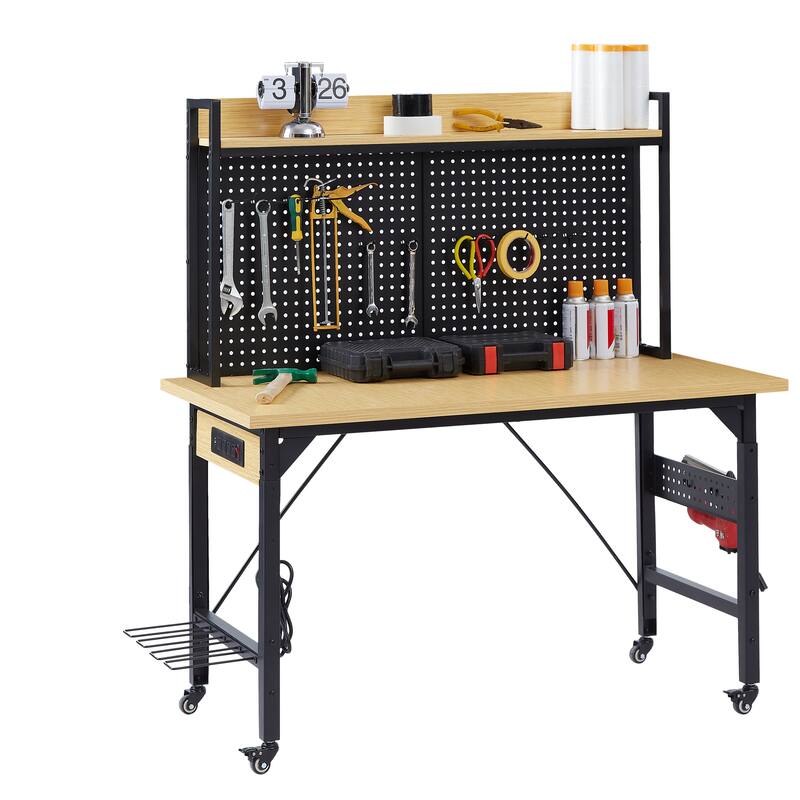 48''Adjustable Workbench with pegboard,Heavy Duty Wooden Desktop Workbench with Wheels,1600 lb.Load Capacity,with AC/USB Outlet