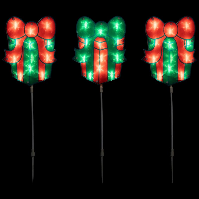 Set of 3 Lighted Holographic Christmas Gift Box Pathway Markers 4.75'