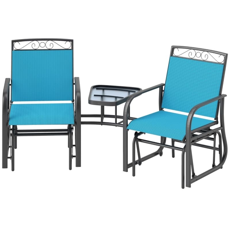 Two Seater Outdoor Glider with Table Steel Frame Tempered Glass and Mesh Fabric - 76.75" L x 33.75" W x 35.75" H