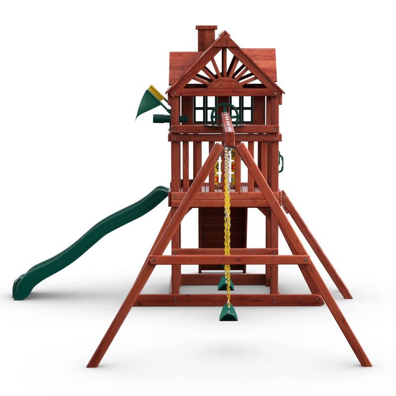 Gorilla Playsets Nantucket II Wood Swing Set with Wave Slide - Redwood - 15.5 ft W x 13 ft D x 10.5 ft H