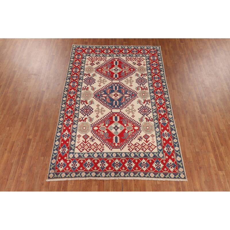 Beige / Ivory Traditional Kazak Oriental Rug Hand-Knotted Wool Carpet - 6'7" x 9'8"