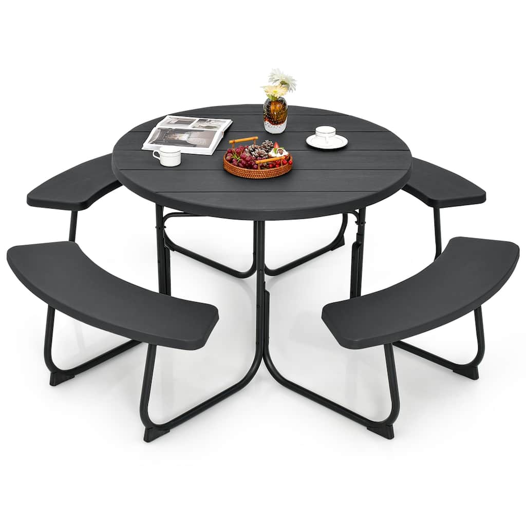 Costway Outdoor 8-person Round Picnic Table Bench Set with 4 Benches & - See Details
