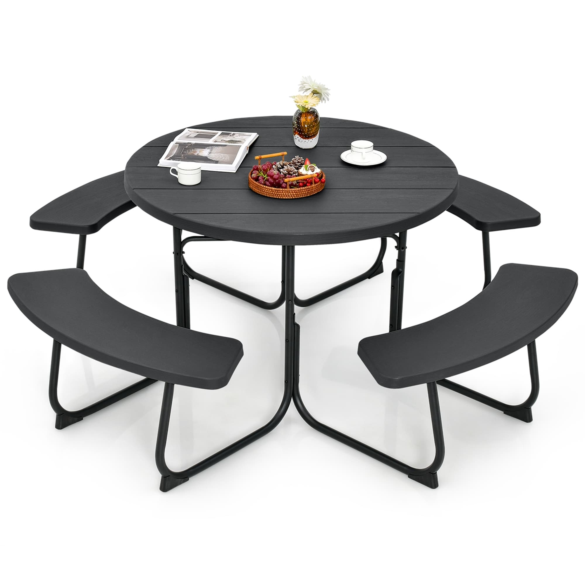 Costway Outdoor 8-person Round Picnic Table Bench Set with 4 Benches & - See Details