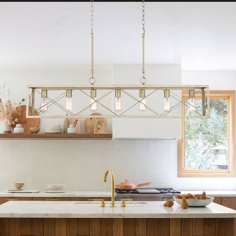 Kiro 7-light Farmhouse 48In Linear Chandelier Rectangle Dining Lights with UL - 48'' W x 7.78'' D x 11'' H - French Ash