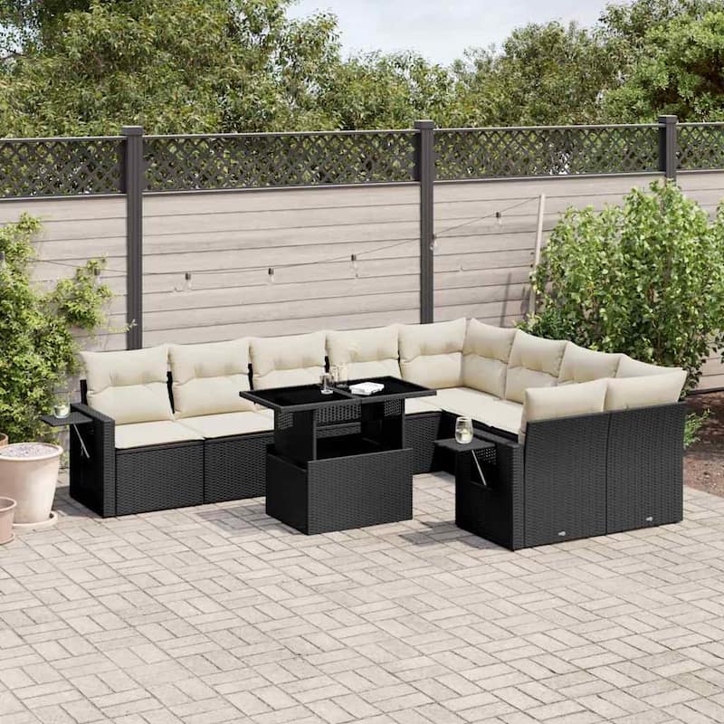 vidaXL Patio Sofa Set with Cushions Outdoor Furniture 10 Piece Poly Rattan - 21.7 x 39.4 x 28.7 - Black and Cream