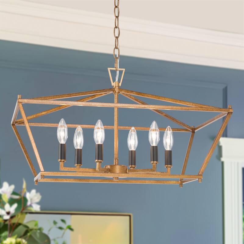 Modern Farmhouse Black Gold 6-Light Chandelier Kitchen Island Light for Dining Room - L23.5" xW12.5"xH13.5" - Gold
