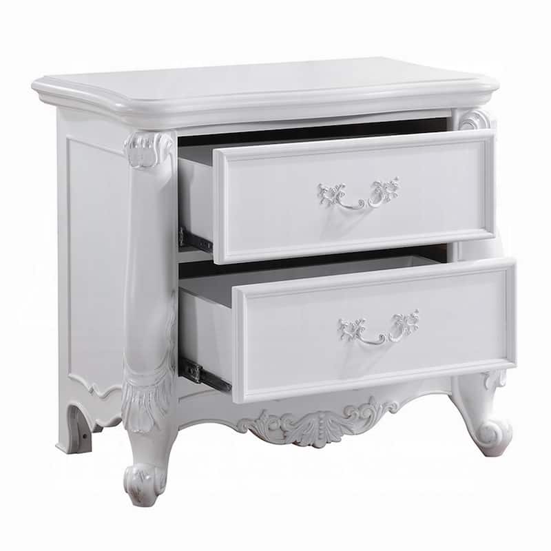 Maver Nightstand with 2 Drawers Scrolled Details, 32 Inch White Wood