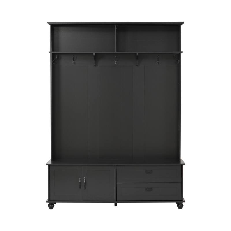 Modern Hall Tree Cabinet Coat Rack with Bench & Double-Side Hooks, Storage Cabinet with Drawers