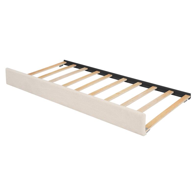Beige Twin Teddy Fleece Platform Bed with Trundle, USB Ports, and LED Light