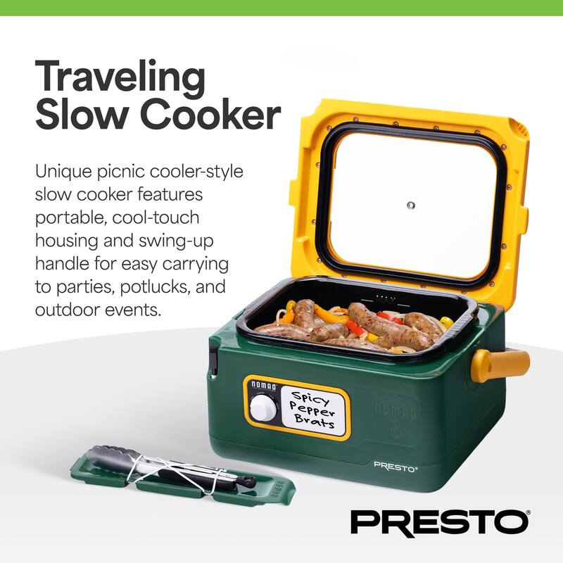 Presto 06019 8 Qt Nomad Portable Electric Slow Cooker, Locking Lid, Green/Gold