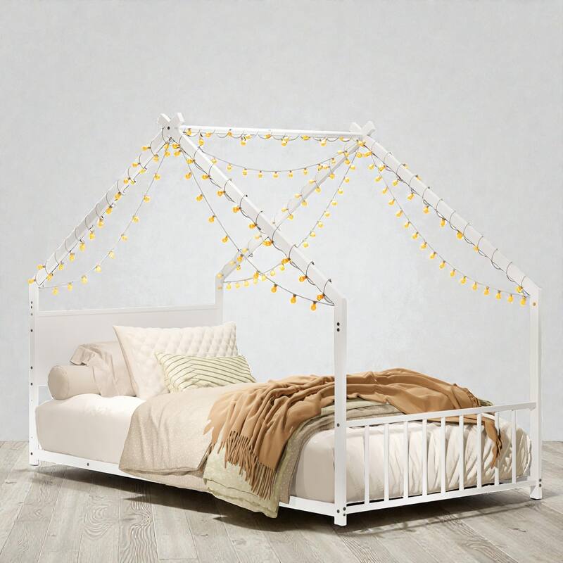 Twin Size Metal House Bed with Roof and LED Lights, Kids Bed Frame with Slats, No Box Spring Needed